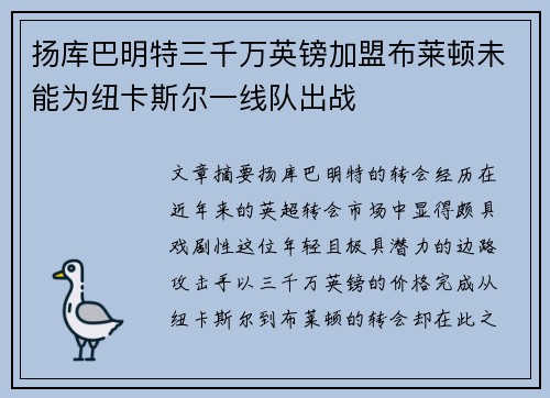 扬库巴明特三千万英镑加盟布莱顿未能为纽卡斯尔一线队出战