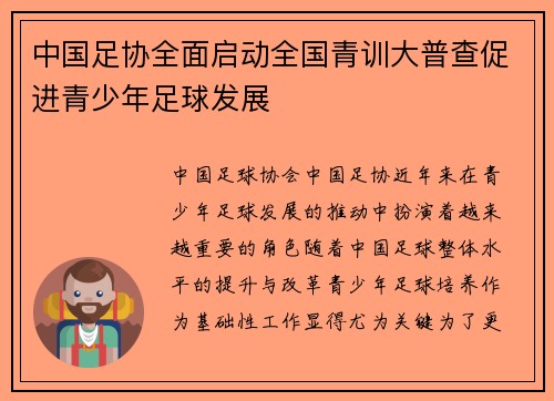 中国足协全面启动全国青训大普查促进青少年足球发展