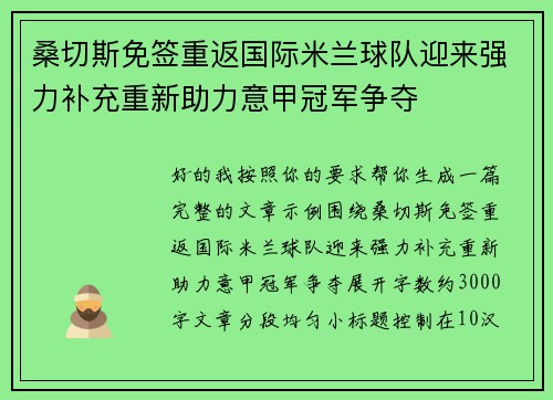 桑切斯免签重返国际米兰球队迎来强力补充重新助力意甲冠军争夺